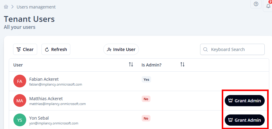 managing admins in Impliancy