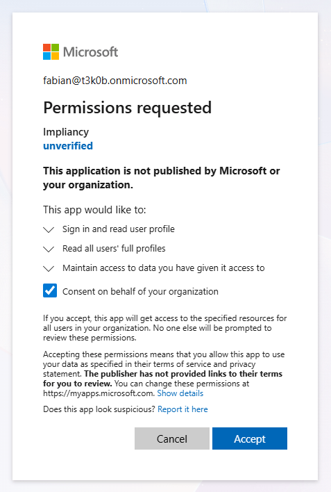 Consent form when signing into Impliancy